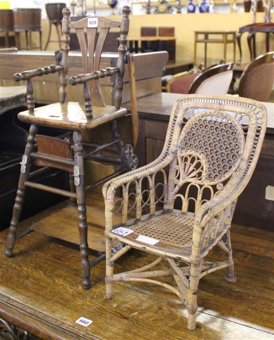 Victorian dolls high chair and a caned elbow chair